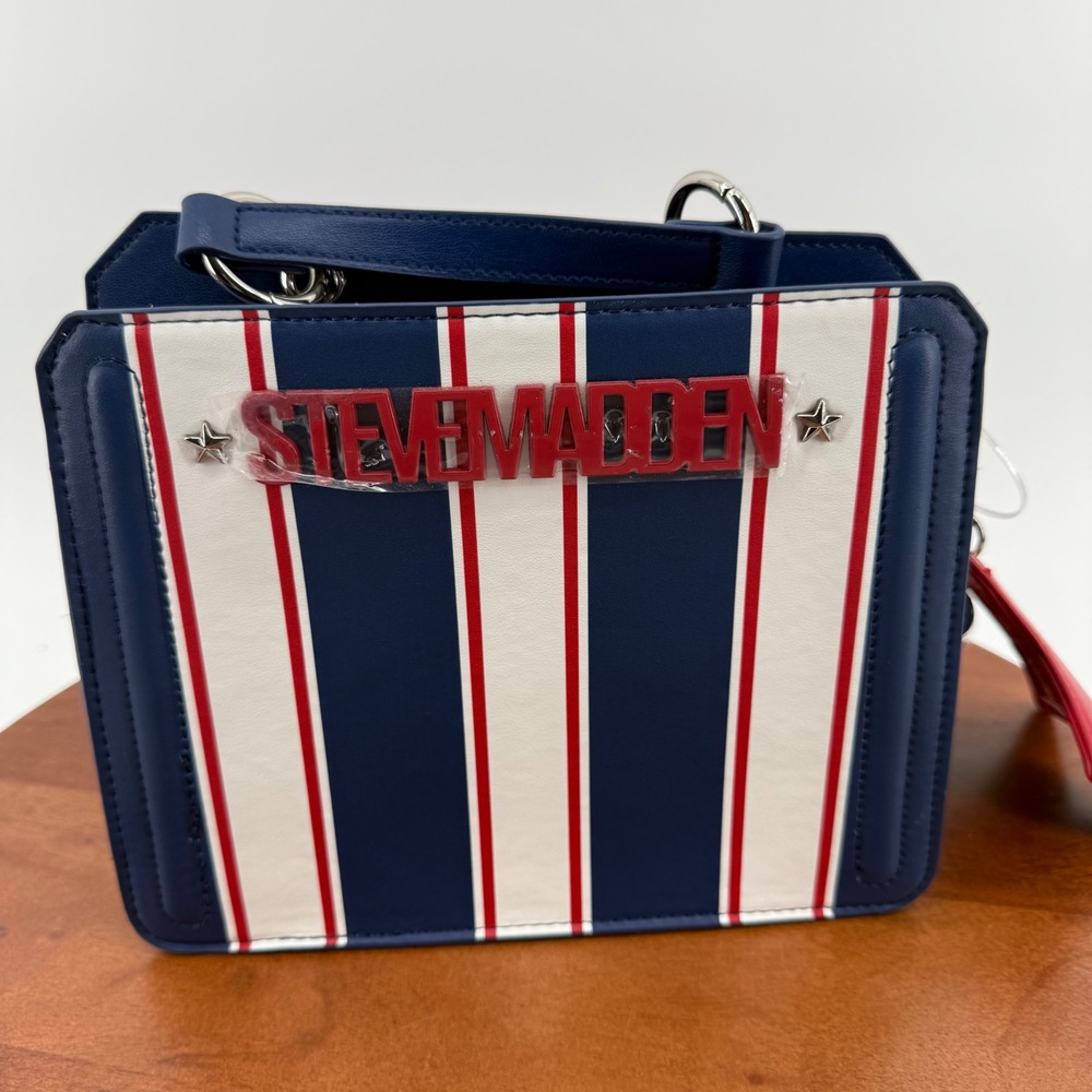 Steve Madden Bevlynn Stripe Satchel Crossbody Navy Blue Red White Star Charm NWT